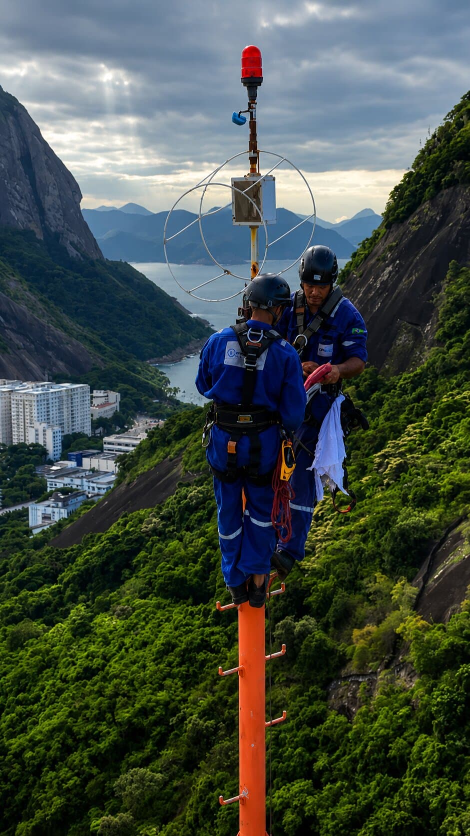 Alpinistas industriais trabalhando em fachada de vidro